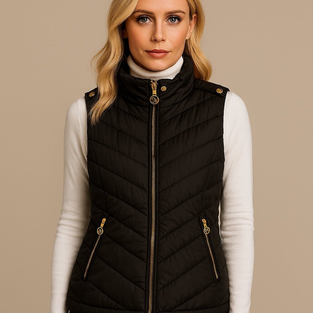 Michael Kors Womens Down Black Puffer Vest Detachable Hood Size Small